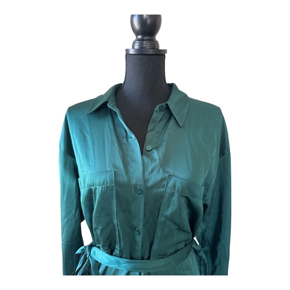 Abercrombie & Fitch Teal Satin Shirt Dress Tie Waist Size M - Picture 2 of 6